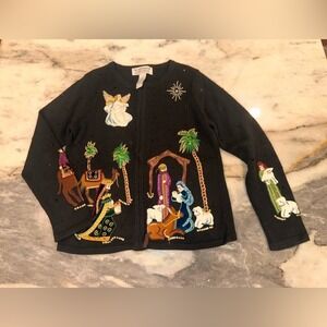 Vintage Tiara International Small Black Christmas Cardigan Nativity Embroidery